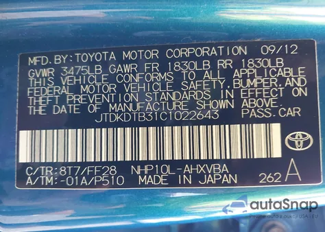 2012 Toyota Prius C z USA, uszkodzony, nr VIN JTDKDTB31C1022643